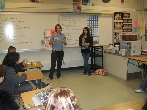 Laura Bomes and Barbara Barnes presenting at Menlo-Atherton high school